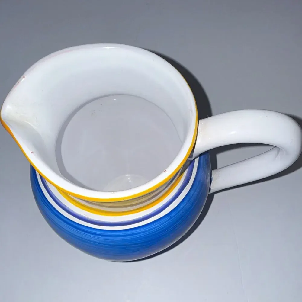 Dansk Stoneware Creamer, Striped Blue Yellow White, Portugal, DW/MW Safe